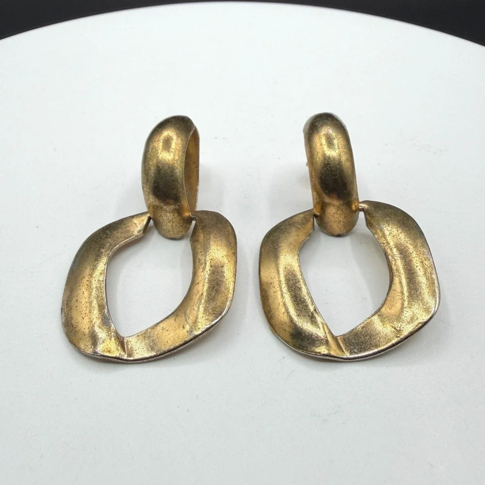 Gold Tone Geometric Door Knocker Dangle Earrings Chunky Statement Pierced Pair